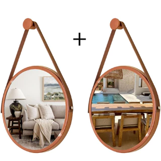 Kit 2 Espelhos Redondo Adnet Decorativo Suspenso com Alça 40cm + Suporte Cobre com Alça Caramelo