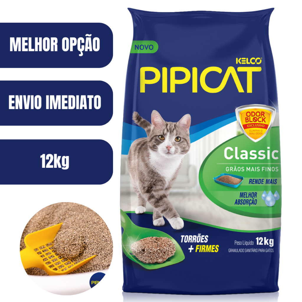 Areia Higiênica Pipicat Classic Grãos Mais Finos 12 kg - Envio Imediato