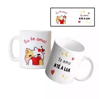 Caneca de Porcelana Eu Te Amo Até A Lua 325ml Estampa Personalizada Gatinho Presente Fofo Casal