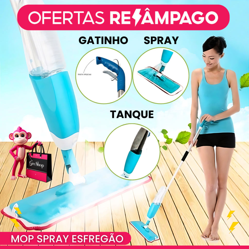 Mop Spray Com Reservatório Borrifa Limpa e Seca Flash Limpeza Rodo De Limpeza Refil de MicroFibra