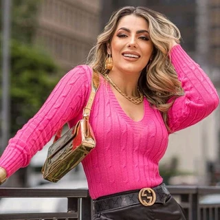 Blusa de Fio trançada Gola V Feminina Blusa de Lã Gola V Suéter Trançado Gola V