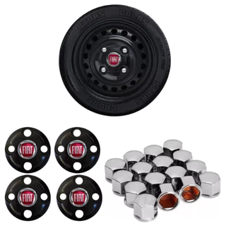 Jogo Calotinhas Centrais + Capa Parafuso Cromada Fiat aro 13 14 15 somente para rodas com 4 furos 16 capas cromadas
