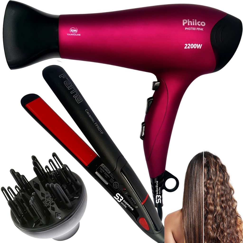 KIT SECADOR DE CABELOS 2200W E DIFUSOR E CHAPINHA BIVOLT | Shopee Brasil