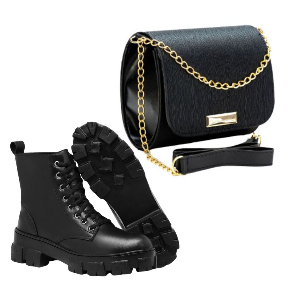 Bota Cano Curto Feminina Blogueira Tratorado+bolsa Feminina