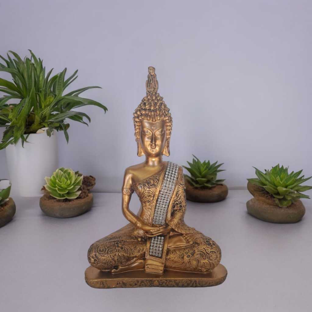 Buda tailandês Estatueta decorativa dourada com Strass