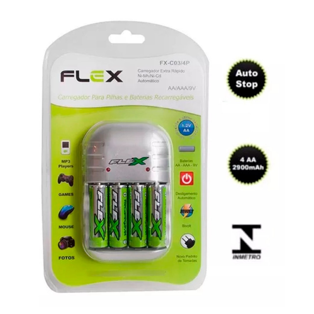 Kit Carregador + 04 Pilhas AA Recarregáveis ​​2900mAh