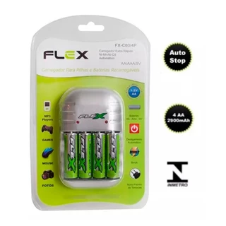 Kit Carregador + 04 Pilhas AA Recarregáveis ​​2900mAh