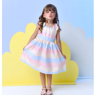 Vestido de Menina infantil Estampas listradas Laço Cintura Rodado Verao festa Aniversário