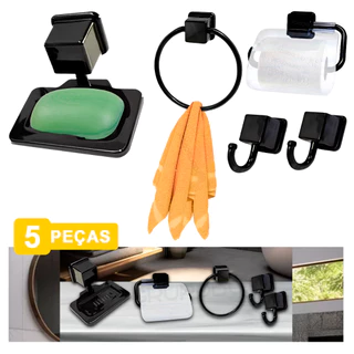 Kit Para Banheiro Acessórios 5 Peças Com Suporte Para Toalhas e Saboneteira Preto Branco Completo