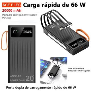 66W YM571 20000mAh Power Bank integrado com 4 cabos, lanterna LED e display digital, 8 saídas