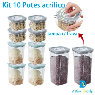 Kit 10 Potes pote Herméticos Acrílico Empilháveis Quadrado Para Alimentos Resistente Cozinha Dispensa. BC-83/BC-84/BC-85