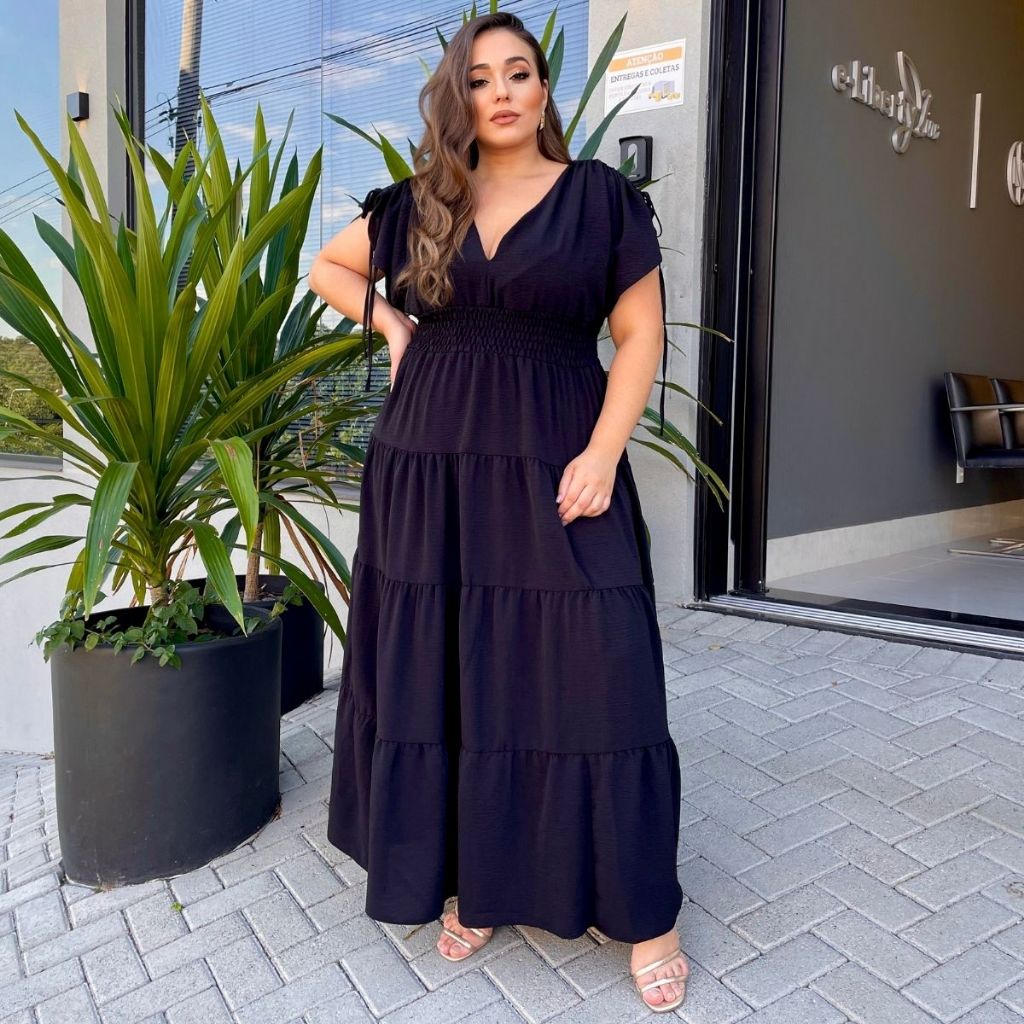 Vestido Longo Plus Size Ajuste na Manga Decotado Linha Gold