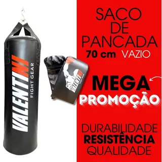 Saco de Pancada VALENTINI 70 cm - Treino Boxe Muay Thai - Alta Resistencia + Luva Bate Saco Preta