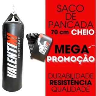 Saco de Pancada VALENTINI 70 cm CHEIO - Treino Boxe Muay Thai + 1 PAR DE LUVA BATE SACO