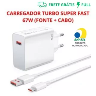 CARREGADOR TURBO SUPER FAST 67W USB-A PARA TIPO-C (FONTE + CABO)