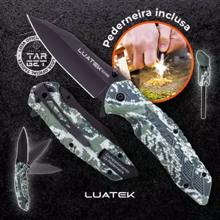 CANIVETE EM AÇO INOX CAMUFLAGEM MULTICAM SEMI AUTOMÁTICO COM PEDERNEIRA PESCA TRILHA LUATEK SLK D03
