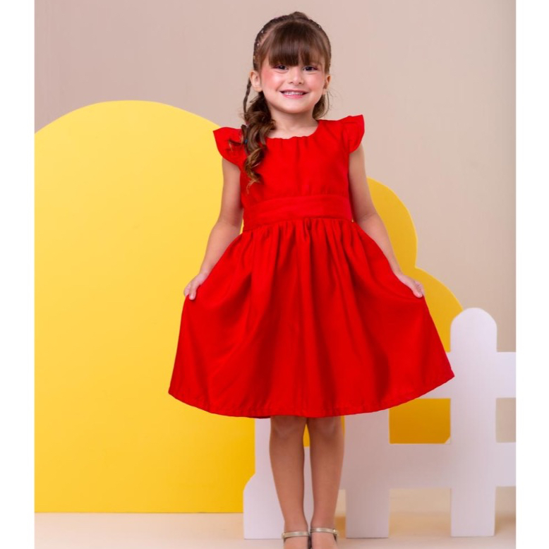 Vestido Infantil liso de manguinha, princesa, igreja, Natal, vermelho, evento
