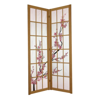 2 Biombo Inteiro Oriental Japonês Separador De Ambiente Folha Divisória Painel Divisor Chinês Asiático Flor Sakura Cerejeira Sanfonado Madeira Mdf Tecido