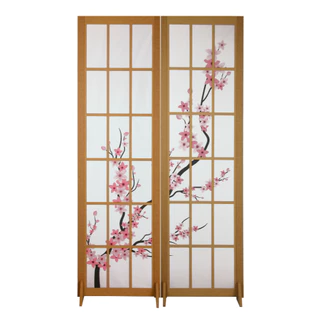 2 Biombo Inteiro Oriental Com Pé Separador De Ambiente Japonês Folha Divisória Painel Divisor Chinês Asiático Flor Sakura Cerejeira Madeira Mdf Tecido