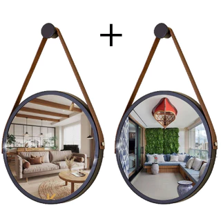 Kit 2 Espelhos Redondo Decorativo Suspenso com Alça 40cm + Suporte Preto com Alça Caramelo