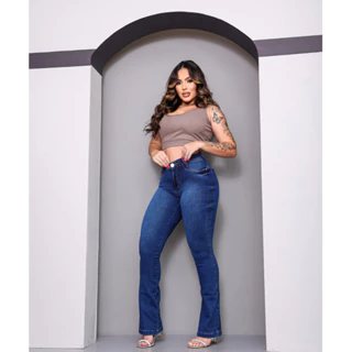 Calças jeans flare feminina cintura alta boca sino com lycra efeito empina bumbum Premium Luxo