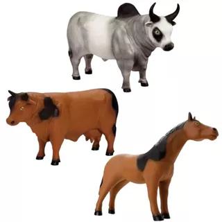 Kit Farm Touro + Vaca + Cavalo Animais Grandes Em Vinil Macio - Beetoys Brinquedos