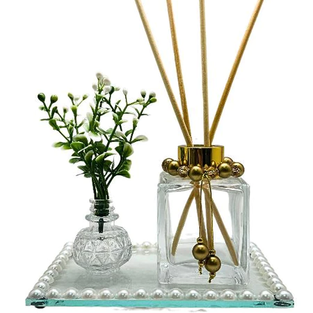 01 Frasco Difusor de Aromas Ametista 100ml Com Bandeja Decorada e Vaso Com Matinho
