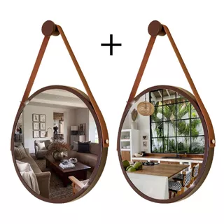 Kit 2 Espelhos Redondo Decorativo Suspenso com Alça 30cm + Suporte Marrom com Alça Caramelo
