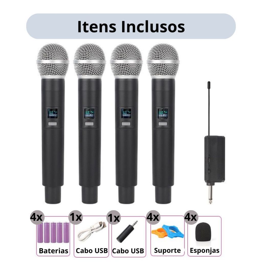Microfone Sem Fio Profissional 4 Canais Karaoke Portátil De Fácil Uso Ao Ar Livre