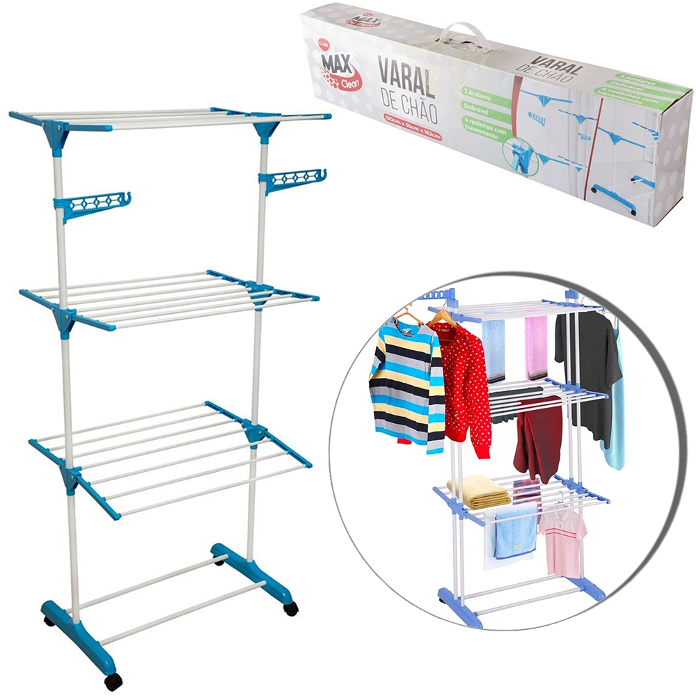 Varal de Chão para Roupas Dobrável Metal 3 Andares