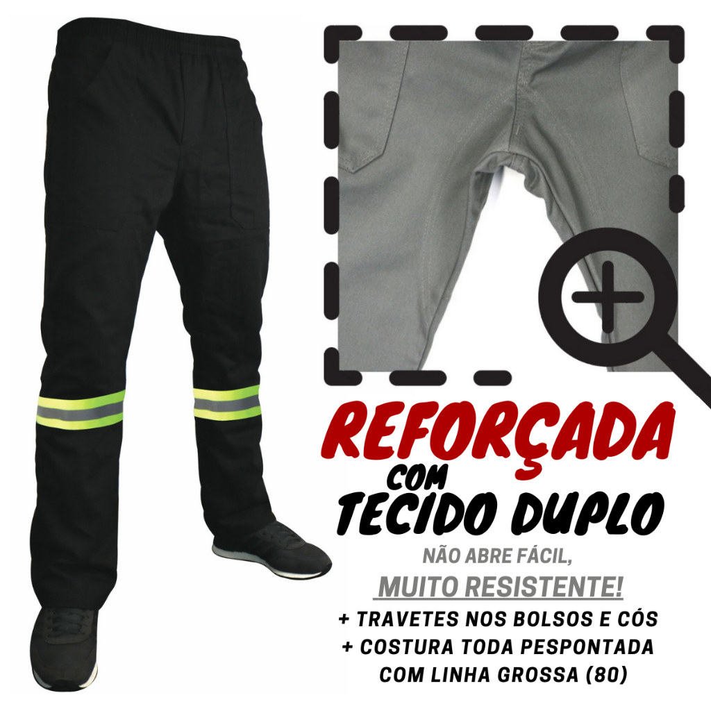 CALÇA CR Reforçada! Brim pesado Com Faixa Refletiva Cinza Preta Uniforme  profissional Trabalho
