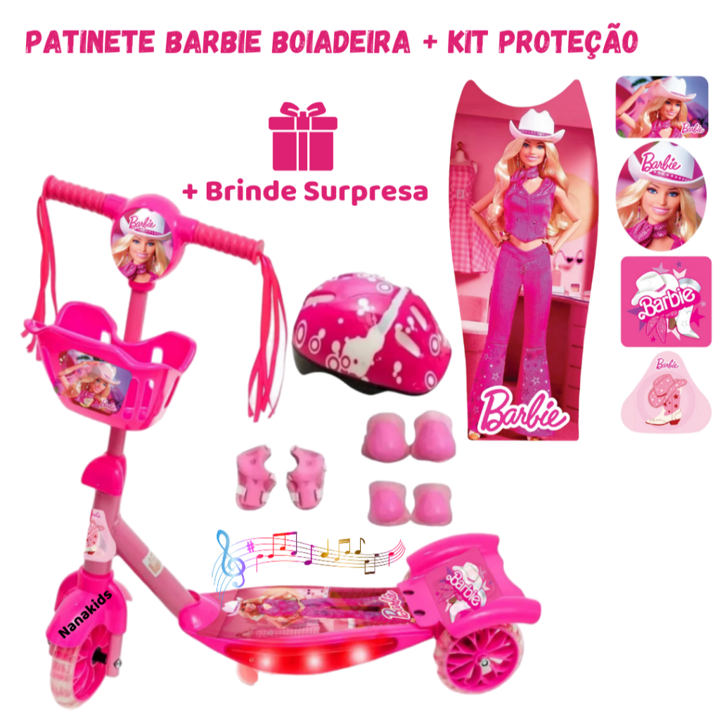 Patinete Barbie Boiadeira Rosa Menina + Surpresa + Envio para Todo Brasil sem Taxação