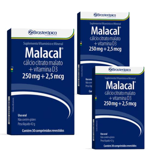 Kit com 3 Malacal Suplemento Vitaminico Alimentar Com Cálcio, Vitamina D3 90 Comprimidos
