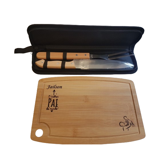 Kit Churrasco 2 Peças + Tábua Personalizada - Presente dia dos Pais, Brinde Corporativo, Namorado, Marido, Mãe, Amigo, Comemorações.
