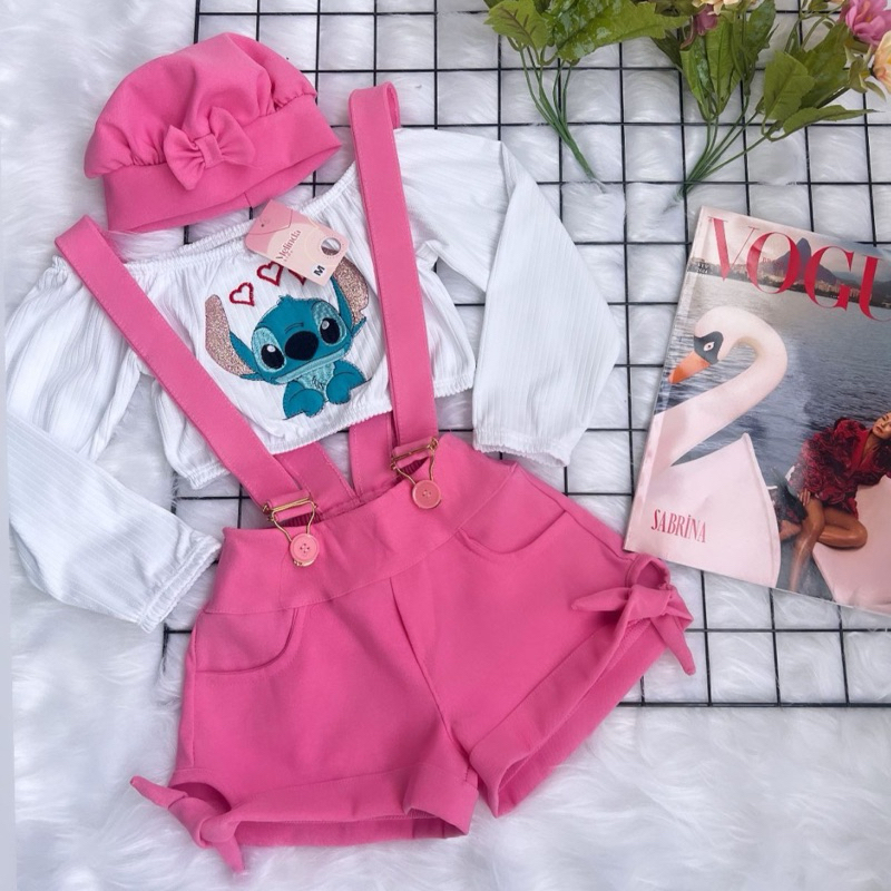 Conjunto infantil 3 peças jardineira salopete stitch menina blogueirinha com boina