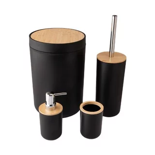 Kit De Banheiro com 4 Peças Bambu Lixeira Basculante Escova Sanitaria