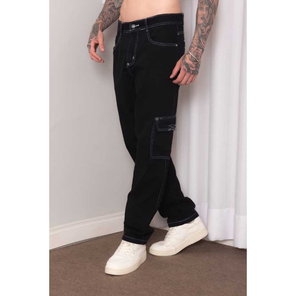 CALÇA CARGO MASCULINO PRETA COM COSTURA BRANCA Shopee Brasil
