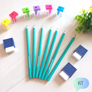 Kit Lápis de Escrever Preto nº2 + Borracha + Mini Apontador Escolar Estudante Masterprint