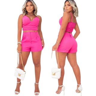 Conjunto Feminino Cropped e Shorts Alfaiataria moda