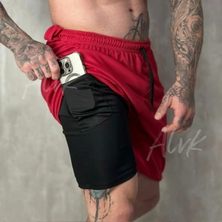 Shorts Masculino 2 em 1 Fitness Bermuda Para Treino Com Bolso Interno Academia