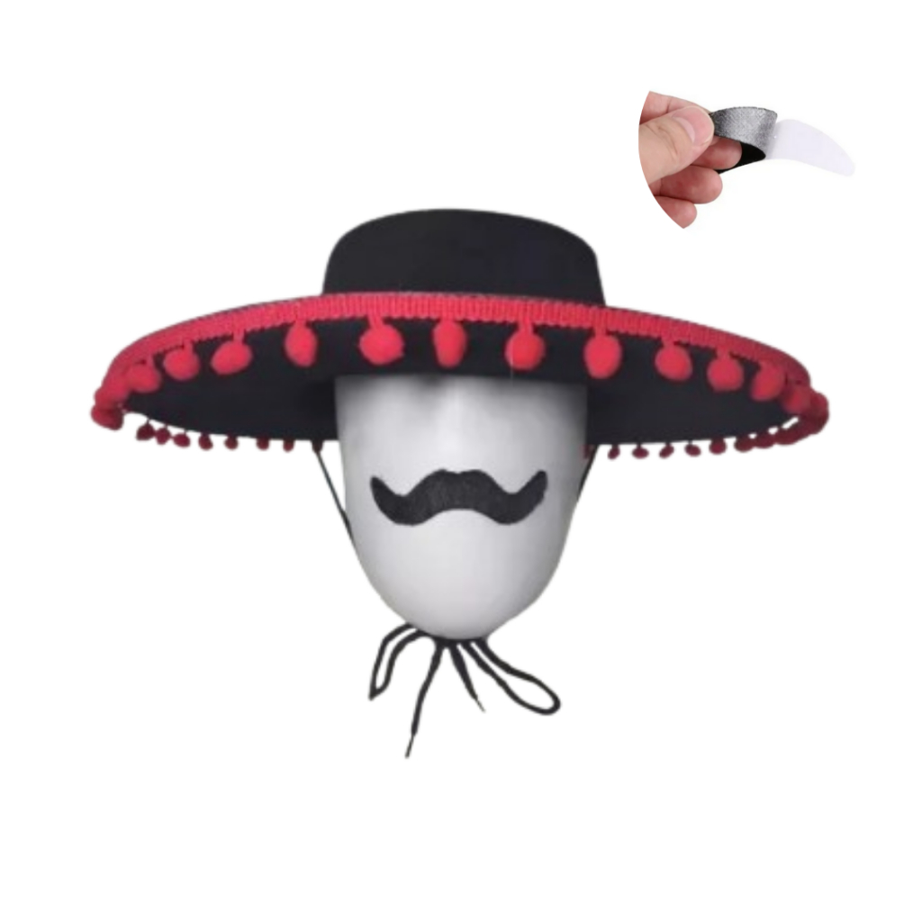Kit Mexicano Chápeu + Cartela com 12 Bigodes Mariachi Sombrero em Feltro