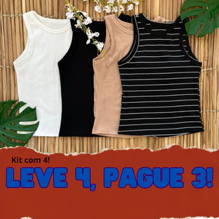 Kit 4 Regata Feminina Canelada Lisa e Listrada Camiseta Básica Blusa Casual