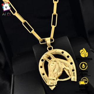 Colar com Corrente Masclino 5MM e Pingente Ferradura Banhado a Ouro 18K, Não Escurece