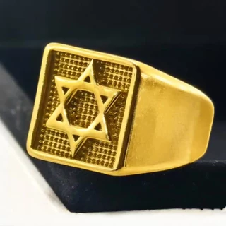 Anel Masculino com Estrela de Davi em Aço Inoxidável Banhado a Ouro