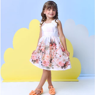 Vestido Infantil Menina Estampa Floral Rodado Laço Ombro Festa Aniversário