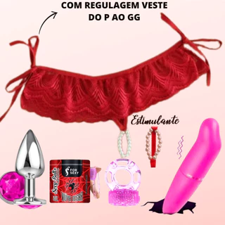 Calcinha Tailandesa Fio Dental Com Pérolas Sex Shop + Vibrador Golfinho Ponto G + Plug Anal de Metal + Anel Peniano Vibrador + Bolinha Esquenta e Esfria