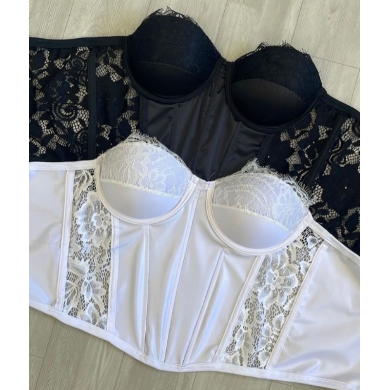 Corset Renda Corselet Brilhoso cetim Corset preto | Shopee Brasil