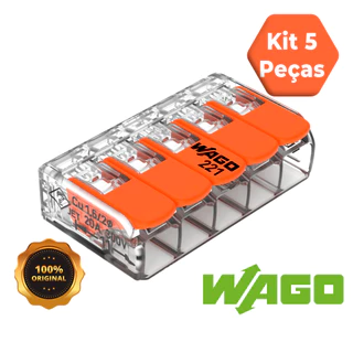 Kit 5 peças conector Wago original 221-415 emenda 5 polos 4mm² 32A conexão automática