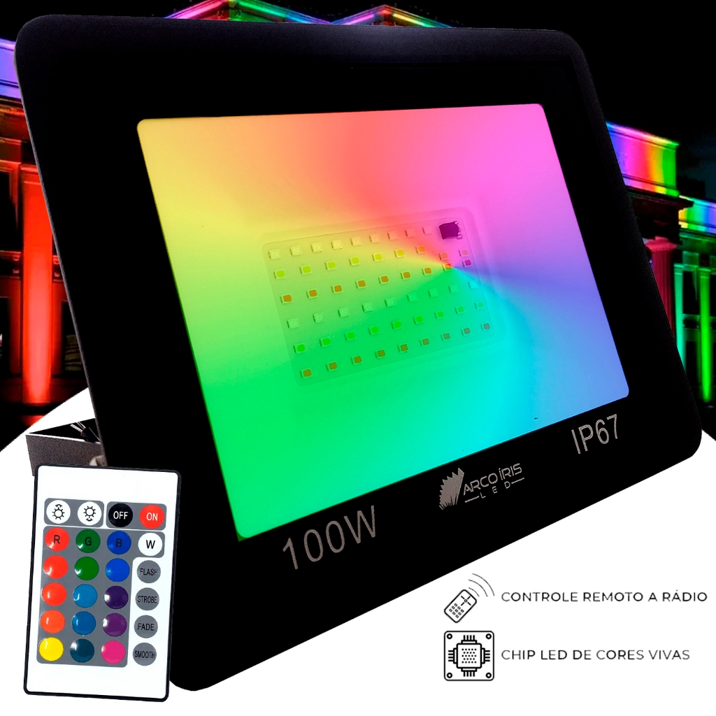 Refletor RGB 100w Holofote Luz Colorida Com Controle Remoto - Área Externa