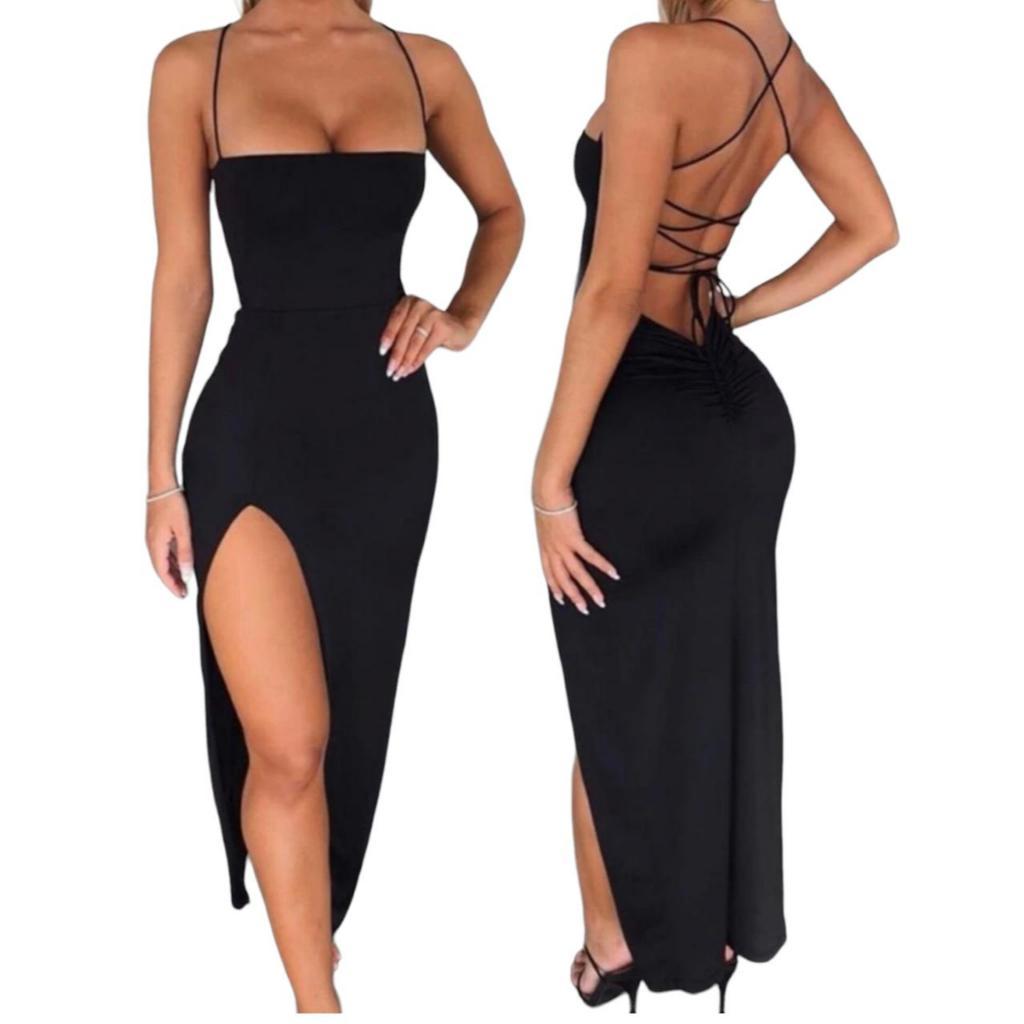 Vestido Alcinha Colado Longo Costa Nua Trançado Empina Bumbum Com Fenda ...
